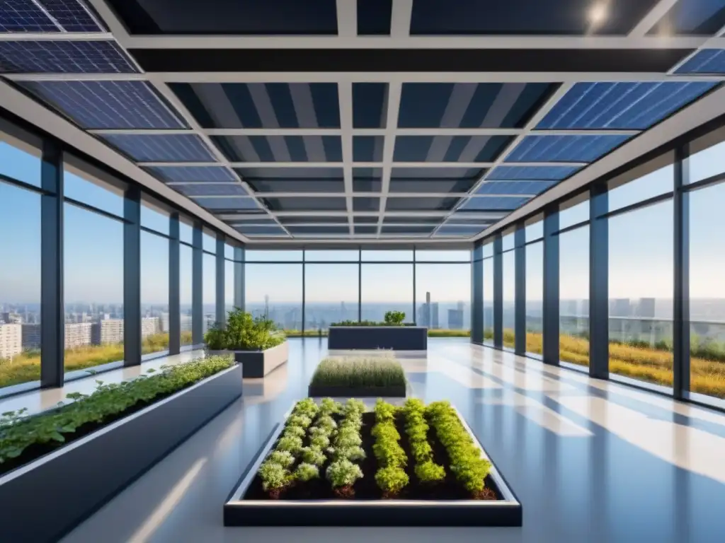 Edificio moderno con jardín verde en la azotea y paneles solares, reducir huella carbono edificios eficiencia