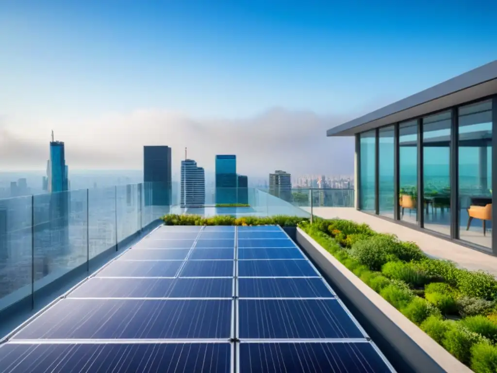Edificio moderno con jardín verde sostenible en la azotea Edificio moderno con jardín verde en la azotea y paneles solares, reflejando el cielo azul