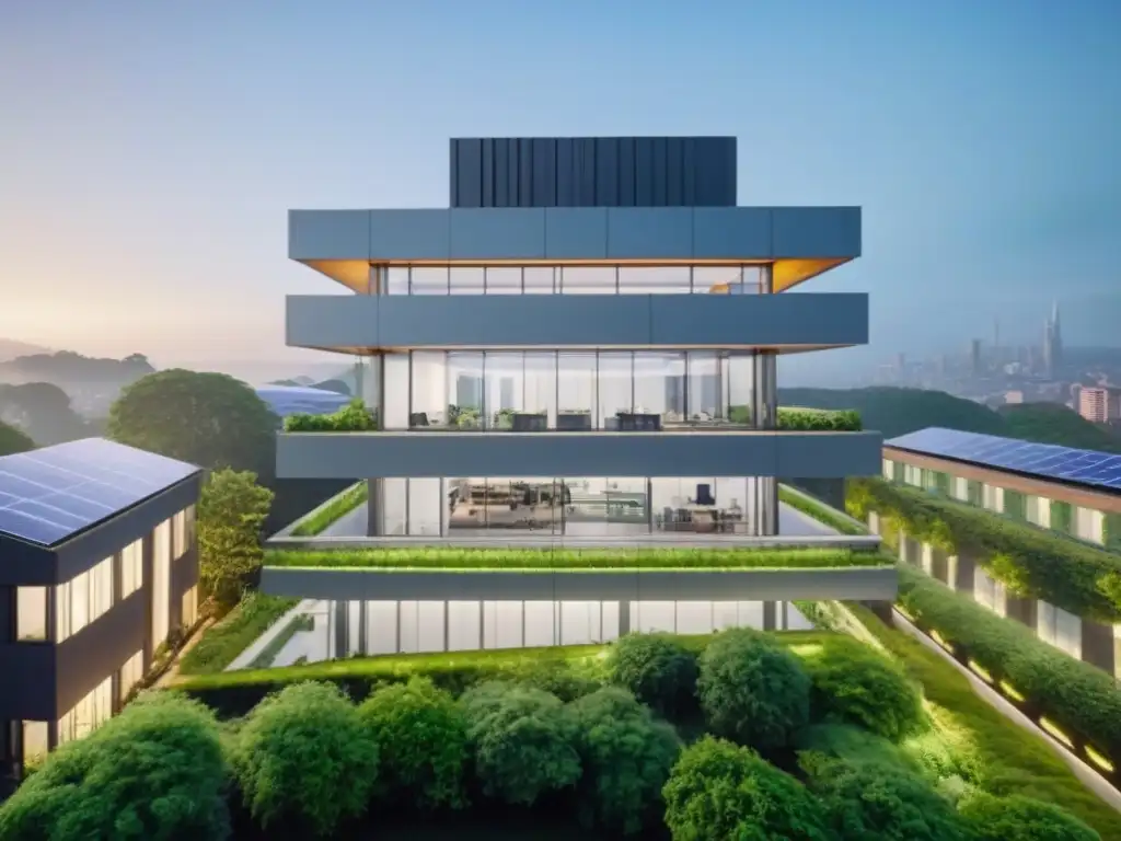 Edificio moderno con certificación verde en ciudad sostenible Edificio moderno con certificación verde reduciendo costos operativos