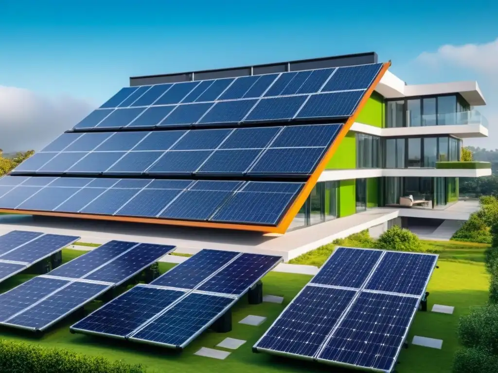 Edificio verde ultradetallado: sostenibilidad y modernidad en 8k Edificio moderno verde con paneles solares, rodeado de vegetación, cielo azul