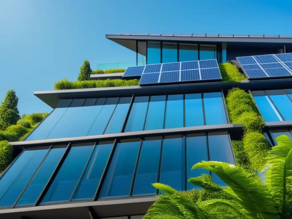 Edificio verde sostenible en entorno natural Edificio moderno verde con paneles solares y incentivos fiscales propiedades verdes