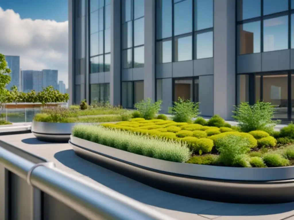 Edificio sustentable: diseño moderno con jardín verde y paneles solares Edificio moderno con jardín verde en el techo y paneles solares brillantes, ideal para inversiones inmobiliarias criterios ESG