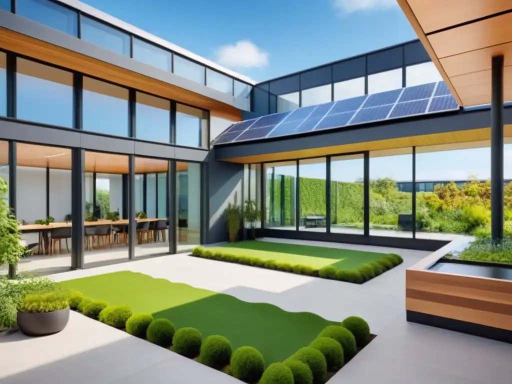 Edificio eco-sostenible: innovación y comunidad verde Un edificio moderno con jardín verde en el techo y paneles solares