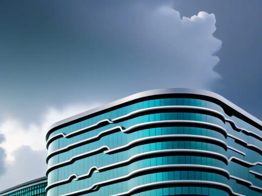 Oficina de seguro moderna en zona de tornados: seguridad y protección Edificio moderno en zona propensa a tornados, simbolizando seguridad y protección