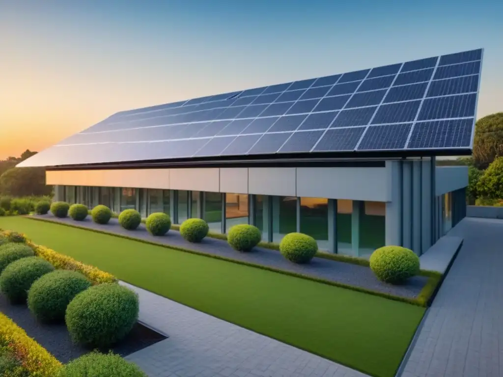 Edificio ecológico al atardecer: innovación y sostenibilidad Un edificio de oficinas energéticamente eficiente con paneles solares en el techo, rodeado de vegetación