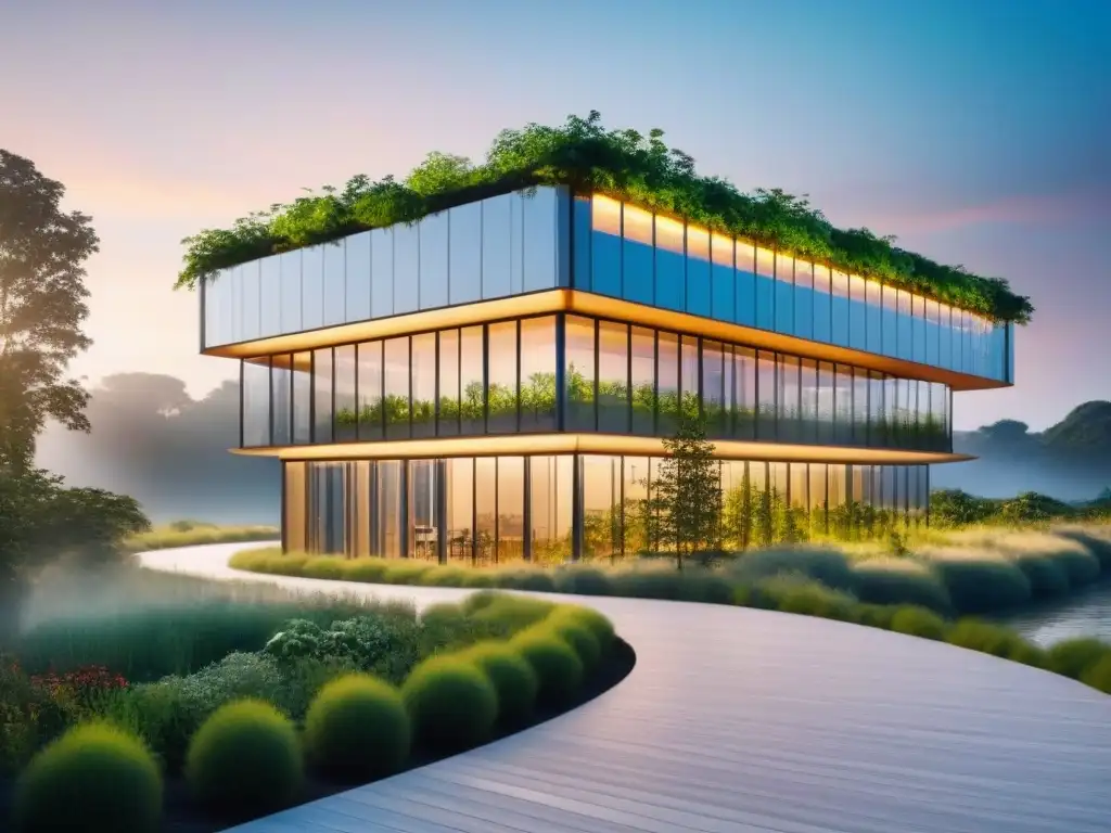 Edificio futurista con energía solar y jardín en la azotea al atardecer Edificio de oficinas futurista con certificaciones verdes reduce costos operativos