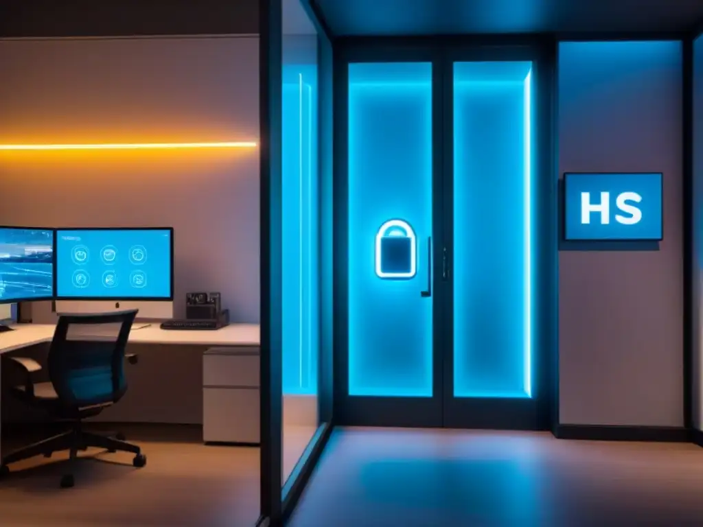 Edificio futurista con luces de neón y símbolos de ciberseguridad Un edificio de oficinas futurista iluminado por luces de neón con un candado digital y símbolos de ciberseguridad y iconos inmobiliarios