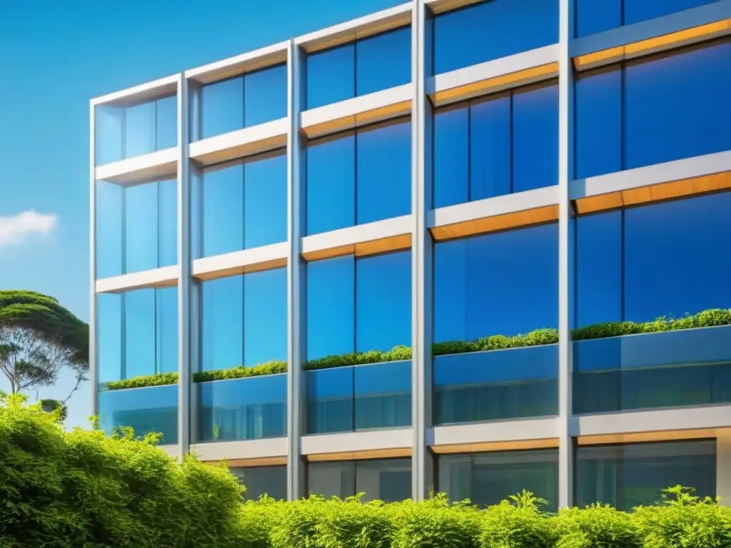 Edificio eco-sostenible: diseño futurista en armonía con la naturaleza Un edificio de oficinas futurista con paneles solares en el techo, rodeado de vegetación, reflejando un cielo azul