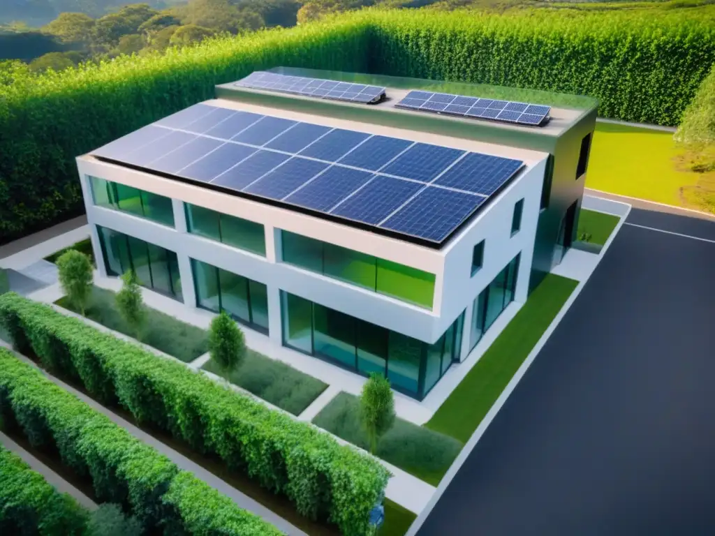 Edificio ecológico futurista: tecnología y naturaleza en armonía Un edificio de oficinas futurista rodeado de vegetación, con paneles solares en el techo y estaciones de carga para autos eléctricos