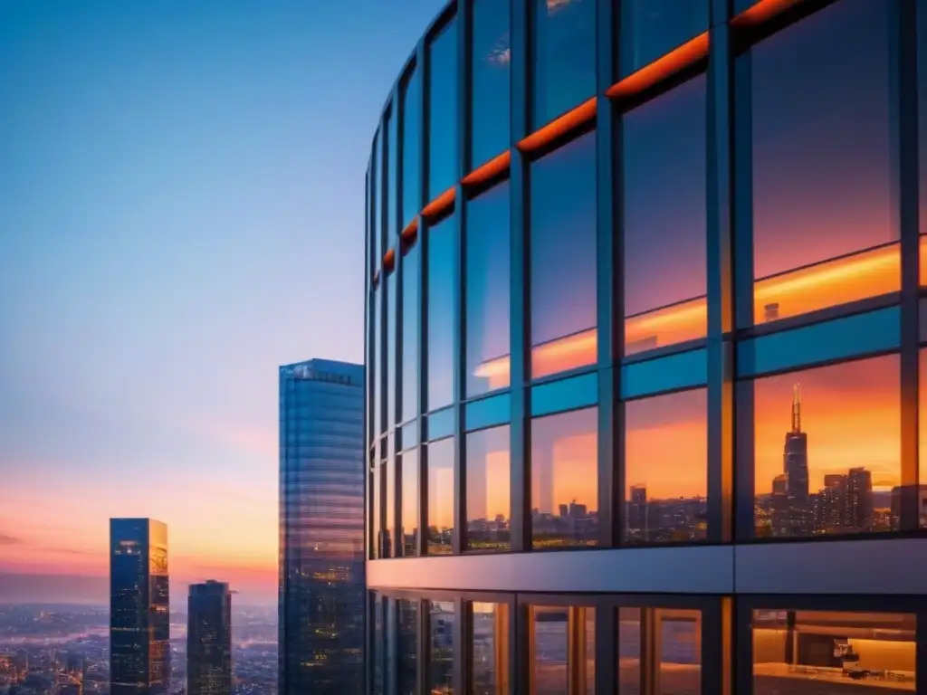 Edificio de oficinas moderno y lujoso en la ciudad al atardecer Edificio de oficinas lujoso y moderno con ventanales de vidrio, reflejando una ciudad vibrante al anochecer