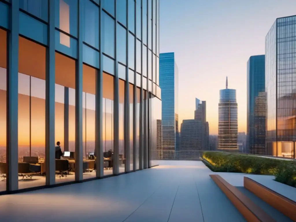 Edificio de oficinas moderno: profesionalismo y sofisticación en la hora dorada Edificio de oficinas moderno en una ciudad financiera durante la hora dorada, resaltando la importancia del Due Diligence inmobiliario