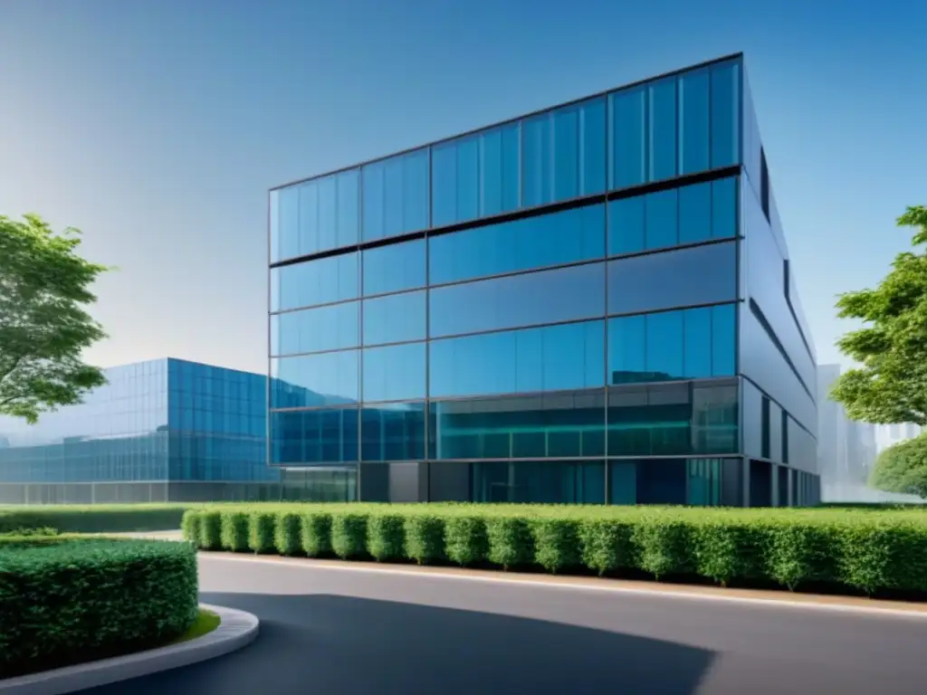 Edificio moderno y seguro para gestión de seguros comerciales en múltiples ubicaciones Un edificio de oficinas moderno, conectado por una red digital, rodeado de vegetación, bajo un cielo azul
