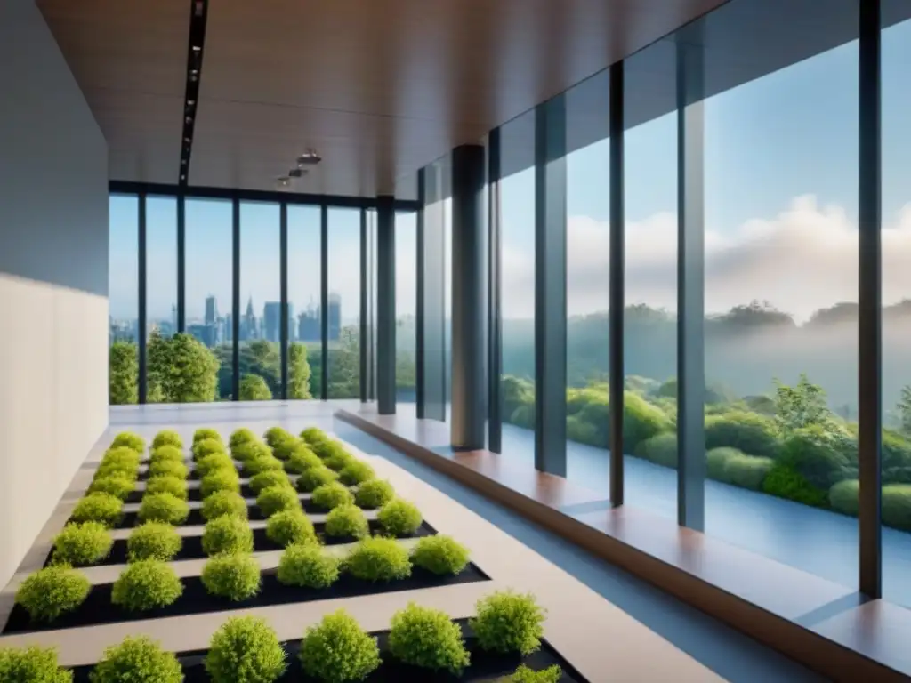 Edificio sostenible: diseño innovador para un entorno saludable Un edificio de oficinas moderno con diseño sostenible, rodeado de áreas verdes y profesionales disfrutando de actividades saludables