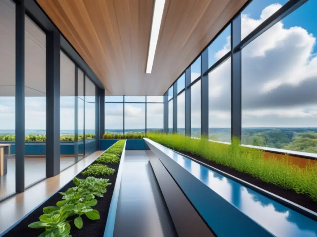 Edificio ecoinnovador: diseño sostenible en entorno natural Un edificio de oficinas moderno con diseño sostenible: paneles solares, techos verdes y ventanas amplias