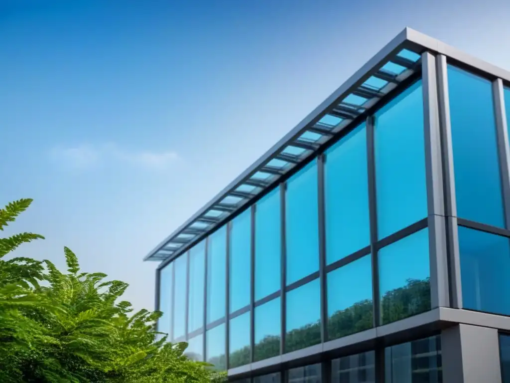 Edificio eco-sostenible: fusión innovadora y consciente Edificio de oficinas moderno con diseño elegante, rodeado de naturaleza y paneles solares en el techo