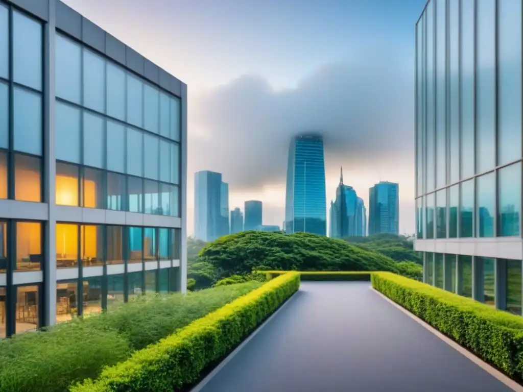 Edificio de oficinas moderno con diseño arquitectónico elegante Edificio de oficinas moderno con diseño arquitectónico elegante y grandes ventanales de cristal reflejando el paisaje urbano