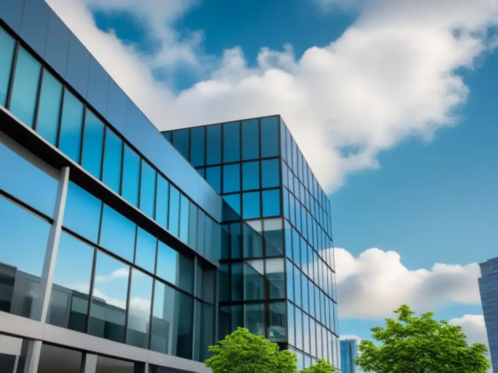 Edificio innovador: eficiencia y tecnología en la gestión inmobiliaria Un edificio de oficinas moderno y elegante con un diseño innovador, rodeado de nubes