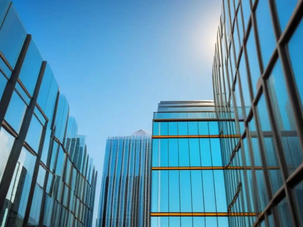 Edificio corporativo moderno y elegante en la ciudad Edificio de oficinas moderno y elegante en un día soleado, reflejando la ciudad en su fachada de vidrio