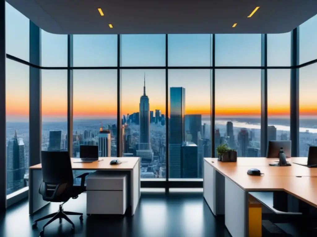 Edificio corporativo moderno en bulliciosa metrópolis Un edificio de oficinas moderno y elegante con ventanas de cristal reflectante, rodeado de un paisaje urbano bullicioso lleno de rascacielos y calles concurridas abajo