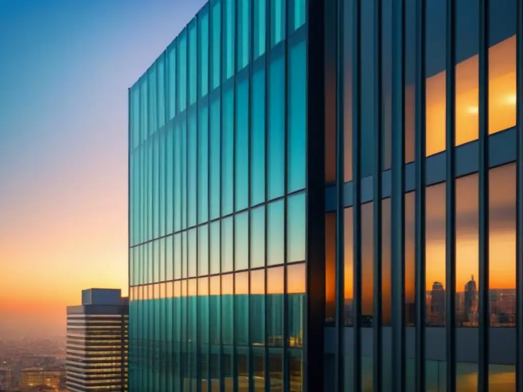 Edificio moderno: seguridad y prosperidad en comercio internacional Un edificio de oficinas moderno y elegante con grandes ventanales de cristal reflejando el bullicio de la ciudad al atardecer, transmitiendo seguridad y prosperidad para propiedades comerciales internacionales