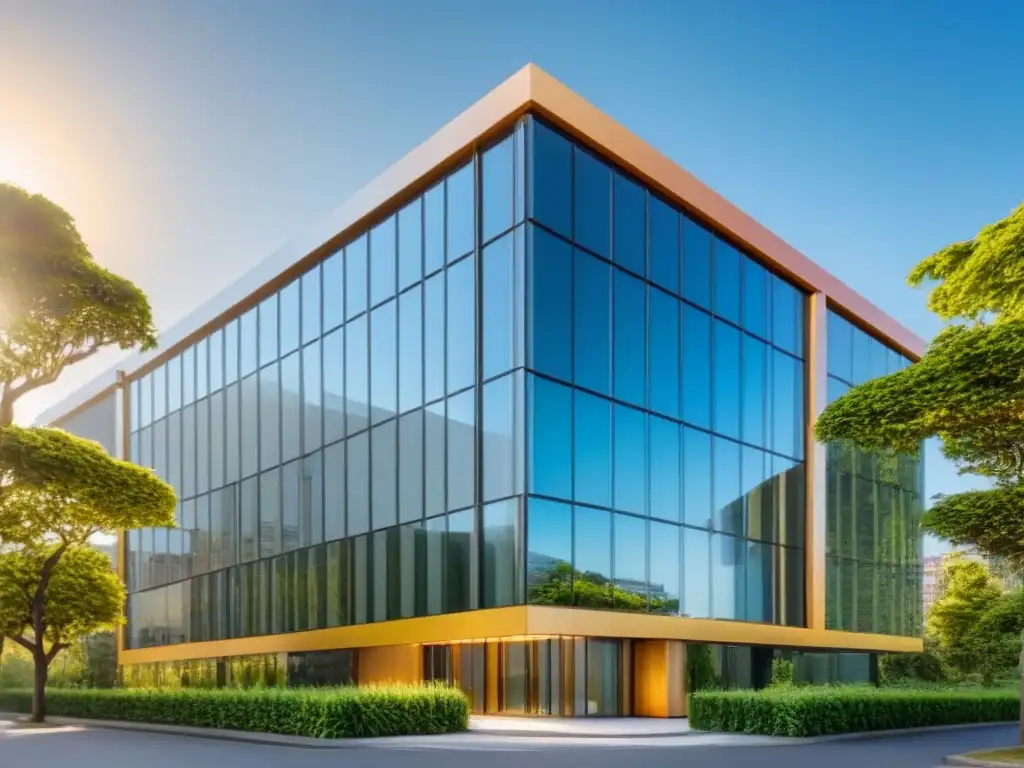 Edificio de oficinas moderno y elegante bajo el sol dorado Un edificio de oficinas moderno y elegante, reflejando el sol en su fachada de vidrio