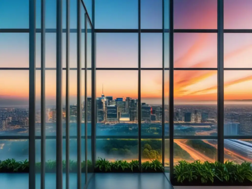 Edificio de oficinas moderno con vistas a la ciudad al atardecer Un edificio de oficinas moderno y elegante con ventanas de cristal de piso a techo reflejando un vibrante paisaje urbano al atardecer, mostrando una fusión de naturaleza y arquitectura urbana, simbolizando la integración de la narración en el marketing inmobiliario internacional en