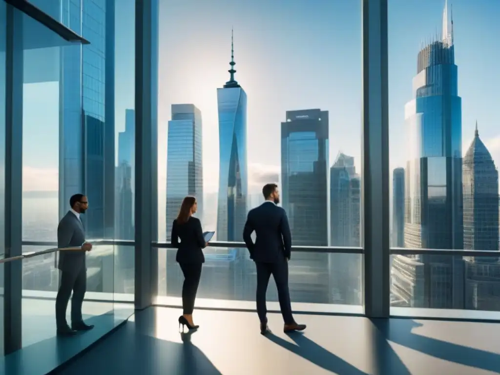 Edificio de oficinas moderno y elegante en ciudad cosmopolita Un edificio de oficinas moderno y elegante con fachada de cristal en una ciudad bulliciosa, reflejando ética en inversión inmobiliaria internacional