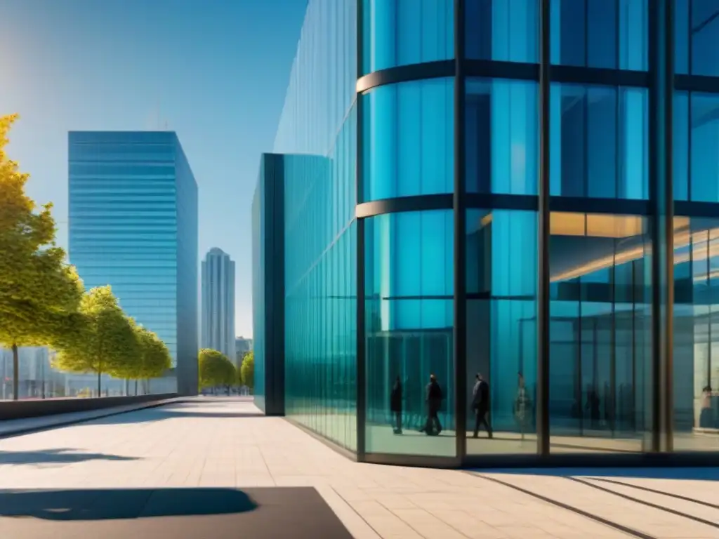 Edificio de oficinas moderno y luminoso en la ciudad Un edificio de oficinas moderno y elegante con fachada de cristal reflejando la ciudad, ideal para inversión global