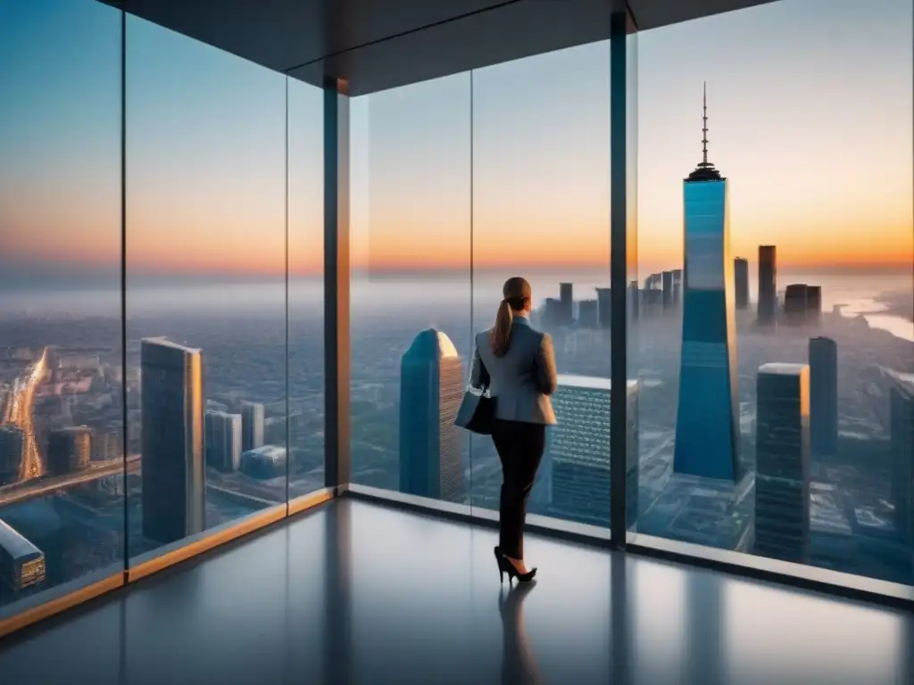 Edificio moderno con vistas urbanas: inversión inmobiliaria internacional Un edificio de oficinas moderno y elegante con ventanas de piso a techo reflejando una bulliciosa ciudad abajo