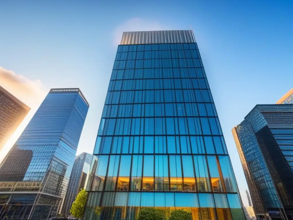 Edificio corporativo moderno en ciudad dinámica Edificio de oficinas moderno con fachada de cristal, reflejando el horizonte urbano