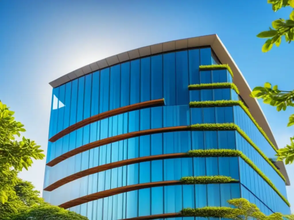 Edificio corporativo moderno: éxito en inversiones inmobiliarias globales Edificio de oficinas moderno con fachada de vidrio reflectante, rodeado de árboles verdes, simbolizando seguridad propiedad comercial inversión global