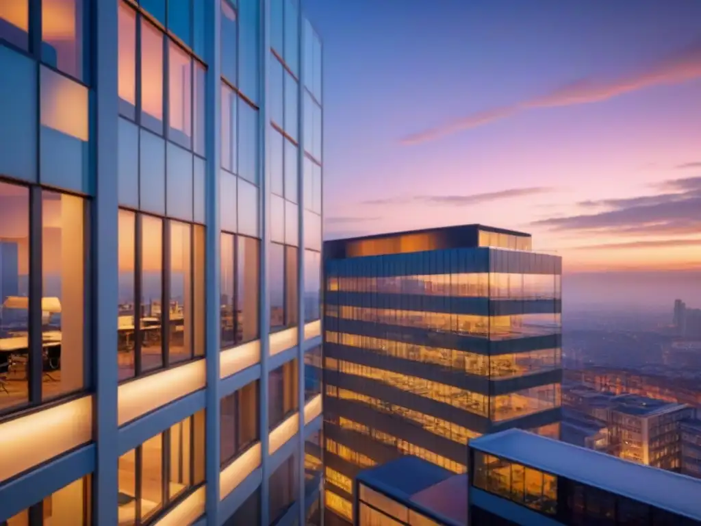 Edificio de oficinas moderno al anochecer: innovación en seguros comerciales Un edificio de oficinas moderno al anochecer, con fachadas de vidrio reflejando las luces de la ciudad, mostrando un vibrante entorno urbano y una sensación de innovación en las coberturas de seguros de propiedades comerciales