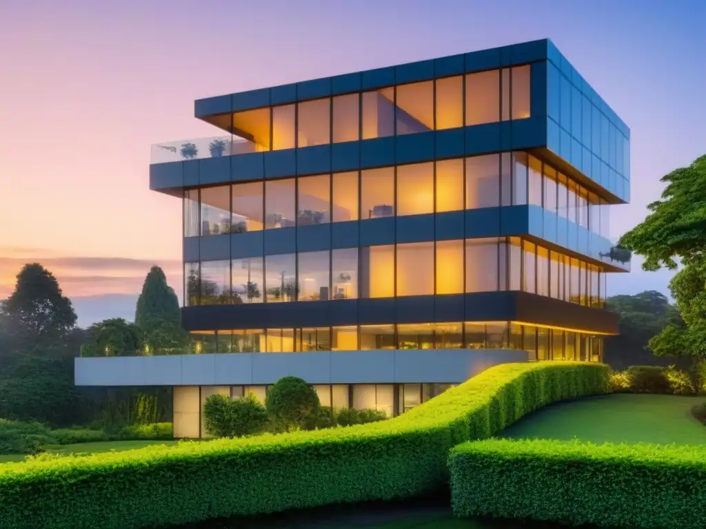 Edificio de oficinas moderno al anochecer, reflejando luces de la ciudad y rodeado de naturaleza exuberante Edificio de oficinas moderno al anochecer, reflejando luces de la ciudad, rodeado de vegetación