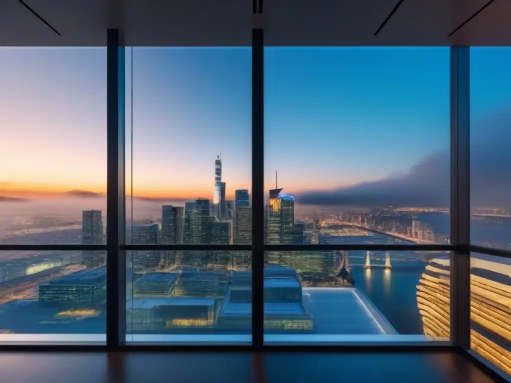 Edificio moderno de oficinas: éxito e innovación en estrategias inmobiliarias internacionales Un edificio de oficinas moderno y lujoso con ventanas de cristal reflejando una ciudad vibrante, simbolizando el éxito e innovación en el marketing inmobiliario internacional a través de alianzas estratégicas