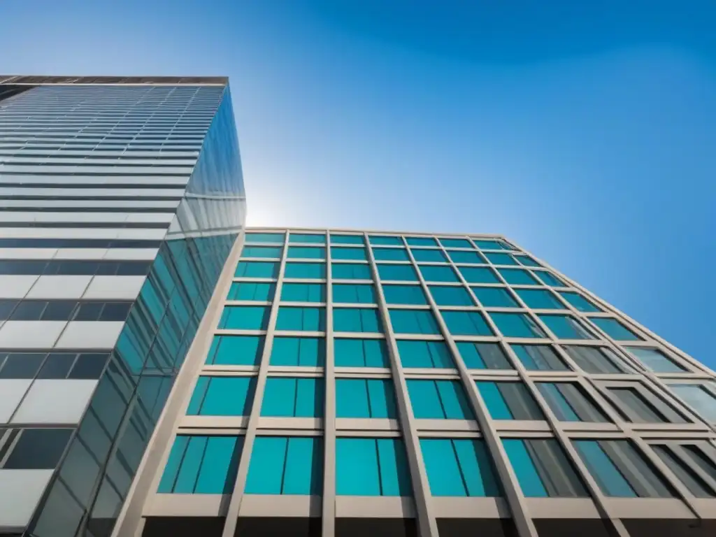 Edificio de oficinas de lujo: éxito con estrategia leaseback Edificio de oficinas moderno y lujoso con ventanales de vidrio, reflejando la ciudad