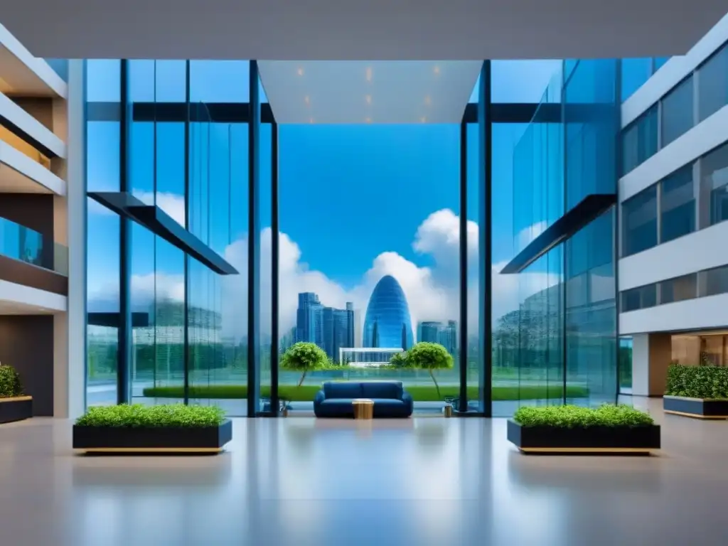 Oficina de lujo con integración de tecnología inmobiliaria Un edificio de oficinas moderno y lujoso con fachadas de vidrio, rodeado de exuberante vegetación y una bulliciosa ciudad al fondo