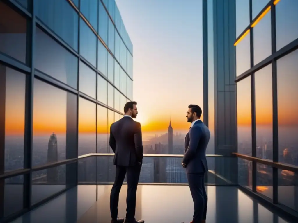 Inversiones éticas: edificio de oficinas moderno y lujoso al atardecer Un edificio de oficinas moderno y lujoso con una fachada de cristal, reflejando el paisaje urbano de rascacielos