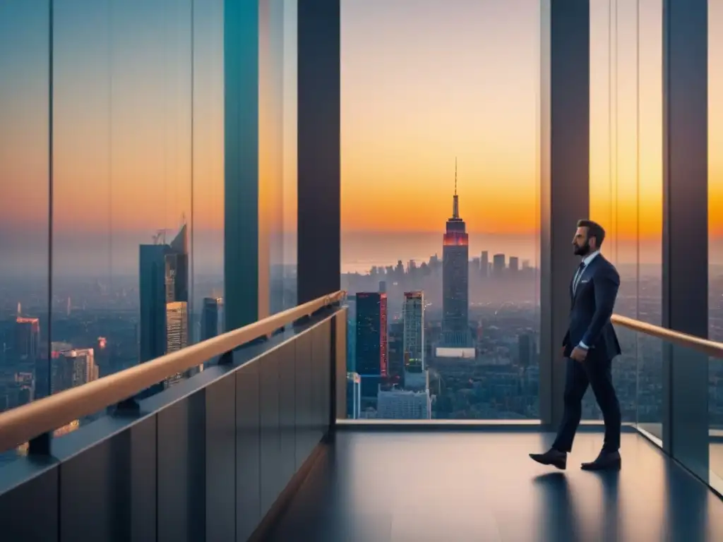 Edificio de oficinas moderno y lujoso en la ciudad al atardecer Un edificio de oficinas moderno y lujoso con ventanas de piso a techo, reflejando el vibrante paisaje urbano al atardecer
