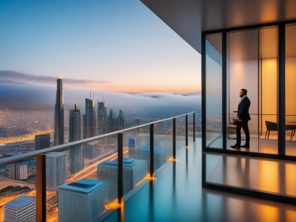 Edificio de oficinas moderno de lujo con vista urbana al atardecer Un edificio de oficinas moderno y lujoso con ventanales de piso a techo que reflejan un vibrante paisaje urbano al anochecer