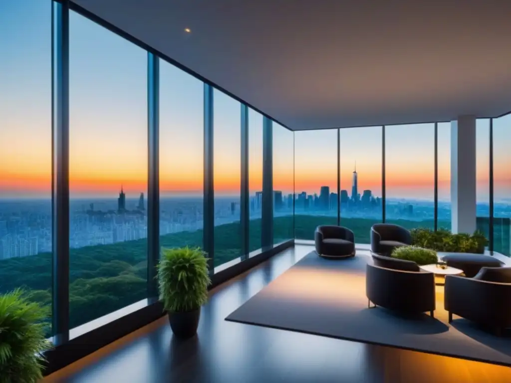 Edificio de oficinas de lujo con diseño contemporáneo y vistas al atardecer Un edificio de oficinas moderno y lujoso con ventanales de piso a techo reflejando el horizonte de la ciudad al atardecer, rodeado de vegetación exuberante y un elegante área de estar al aire libre, irradiando sofisticación y éxito en la inversión inmobiliaria, ideal para