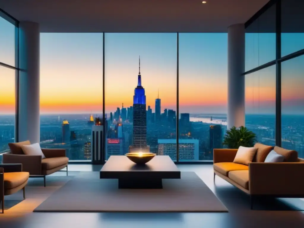 Un edificio de oficinas moderno y lujoso con ventanales de piso a techo, reflejando el vibrante horizonte de la ciudad al atardecer