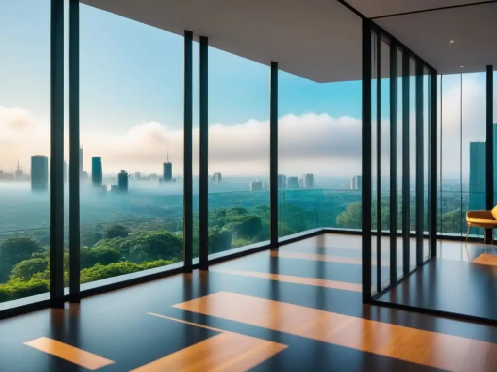 Edificio de oficinas moderno y lujoso en el corazón urbano Edificio de oficinas moderno y lujoso con vistas a la ciudad, rodeado de vegetación exuberante