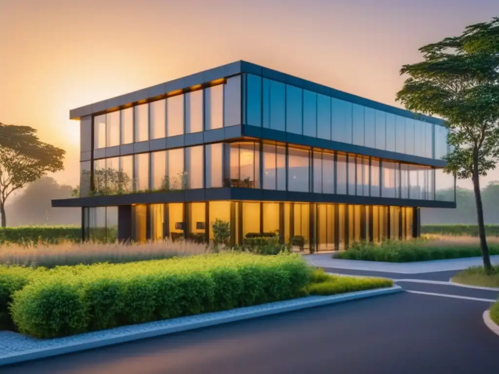 Edificio sostenible con certificaciones LEED y BREEAM al atardecer Edificio de oficinas moderno y lujoso con certificación LEED y BREEAM, rodeado de vegetación y paneles solares en el techo al atardecer