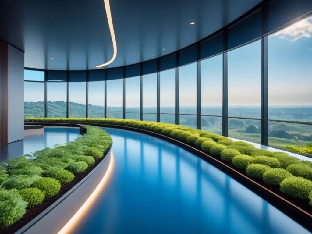 Edificio moderno de oficinas: diseño sustentable y sofisticado Un edificio de oficinas moderno y lujoso con diseño elegante, rodeado de naturaleza y paneles solares