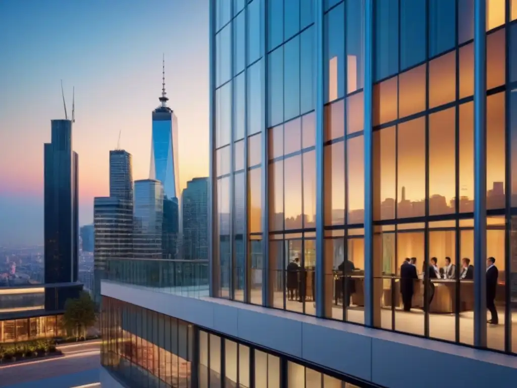 Edificio de oficinas moderno al atardecer en ciudad vibrante Un edificio de oficinas moderno y lujoso al atardecer, iluminado por el cálido resplandor del sol poniente