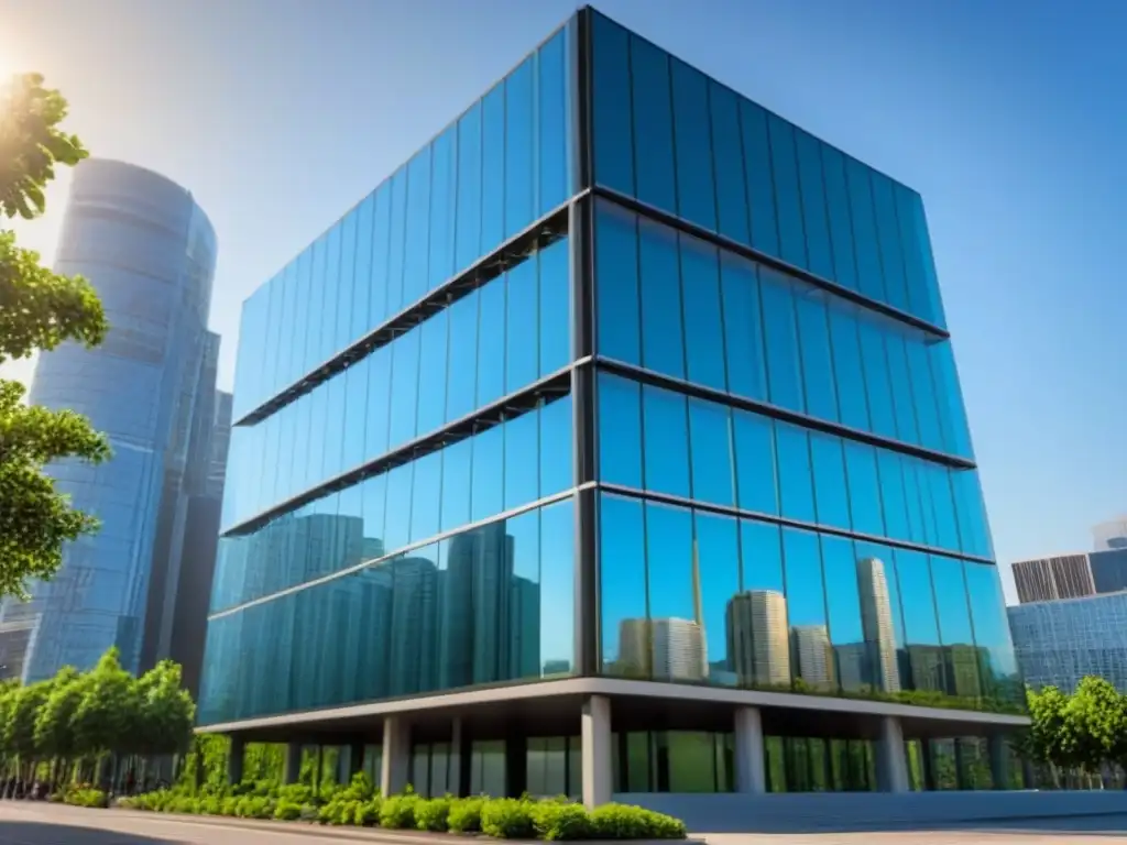 Edificio de oficinas moderno y lujoso en la ciudad Un edificio de oficinas moderno y lujoso con exteriores de cristal, reflejando el vibrante paisaje urbano