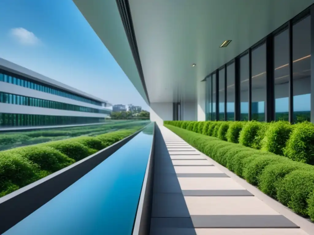 Edificio de oficinas moderno con pasarelas de vidrio interconectadas Edificio de oficinas moderno con múltiples ubicaciones conectadas por pasarelas de vidrio, rodeado de vegetación exuberante bajo un cielo azul claro