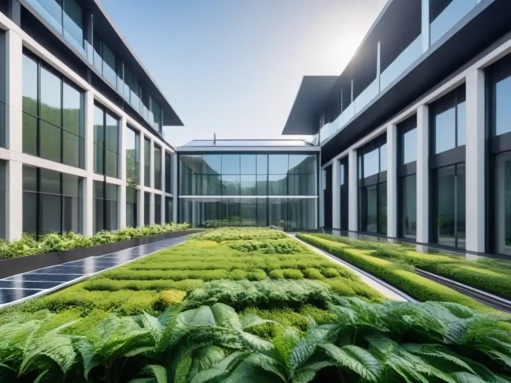 Edificio sustentable: lujo y naturaleza en perfecta armonía Un edificio de oficinas moderno rodeado de vegetación y paneles solares, fusionando sostenibilidad y sofisticación
