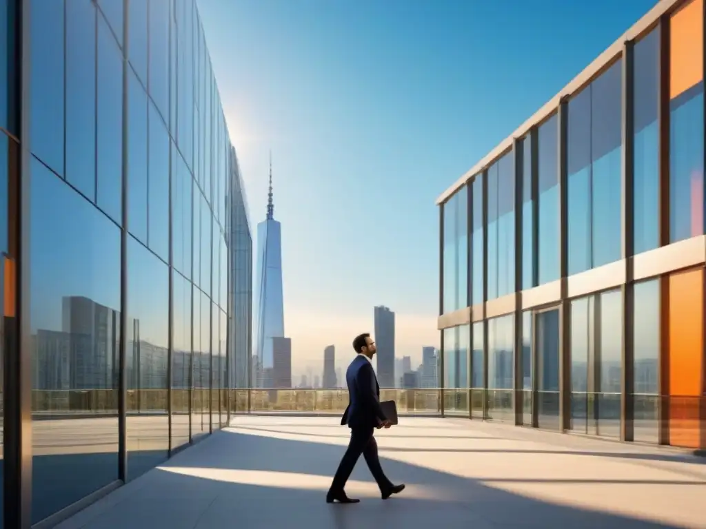Edificio de oficinas moderno con reflejos urbanos Un edificio de oficinas moderno con ventanales de vidrio reflejando un vibrante paisaje urbano, bajo un cielo azul claro