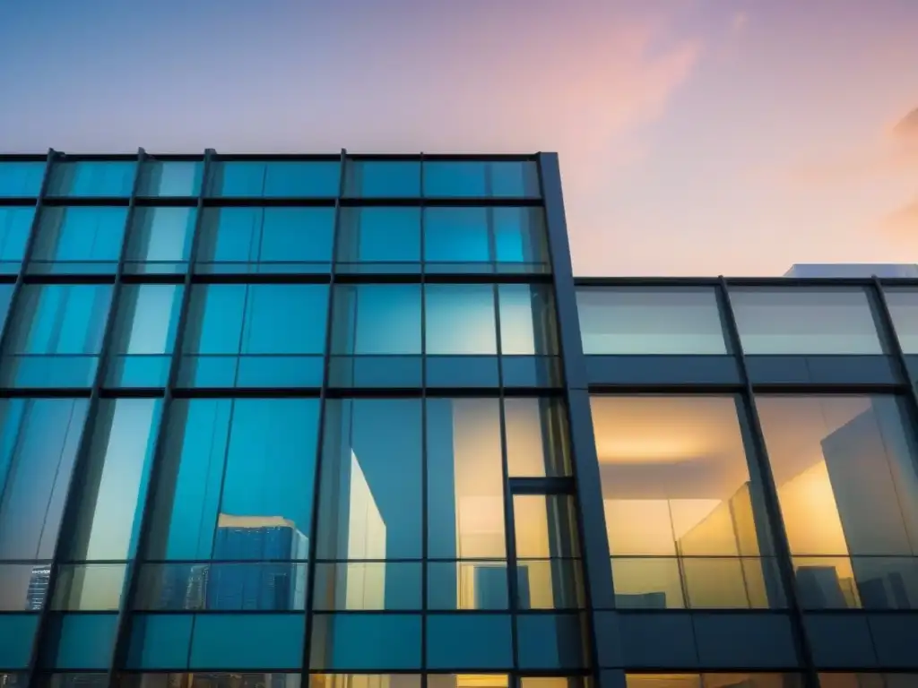Edificio moderno con ventanales reflejando la ciudad internacional Edificio de oficinas moderno con ventanales de piso a techo reflejando el horizonte de una ciudad internacional
